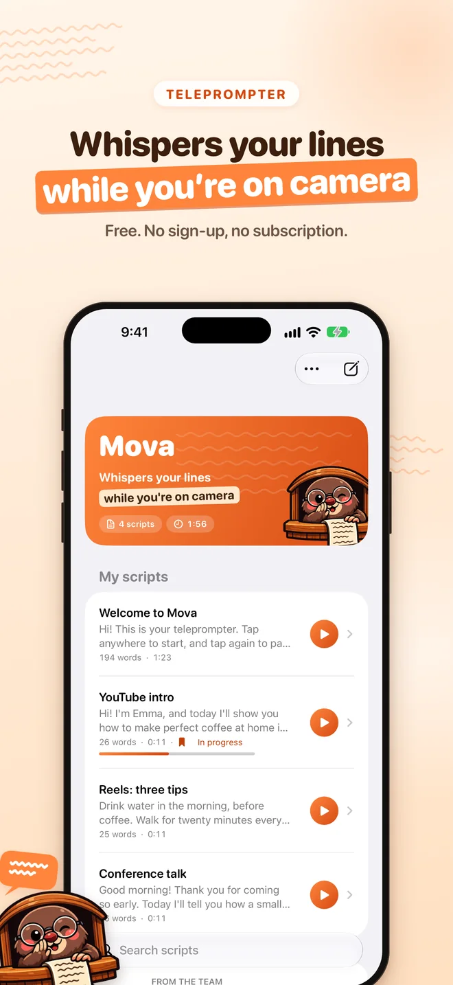 Mova home screen: scripts and a start button