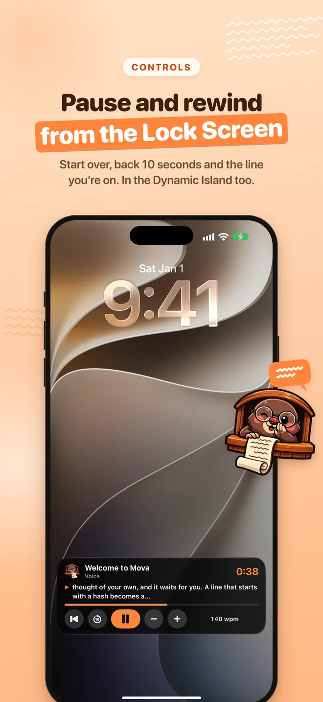 Lock Screen controls: pause, start over, back 10 seconds