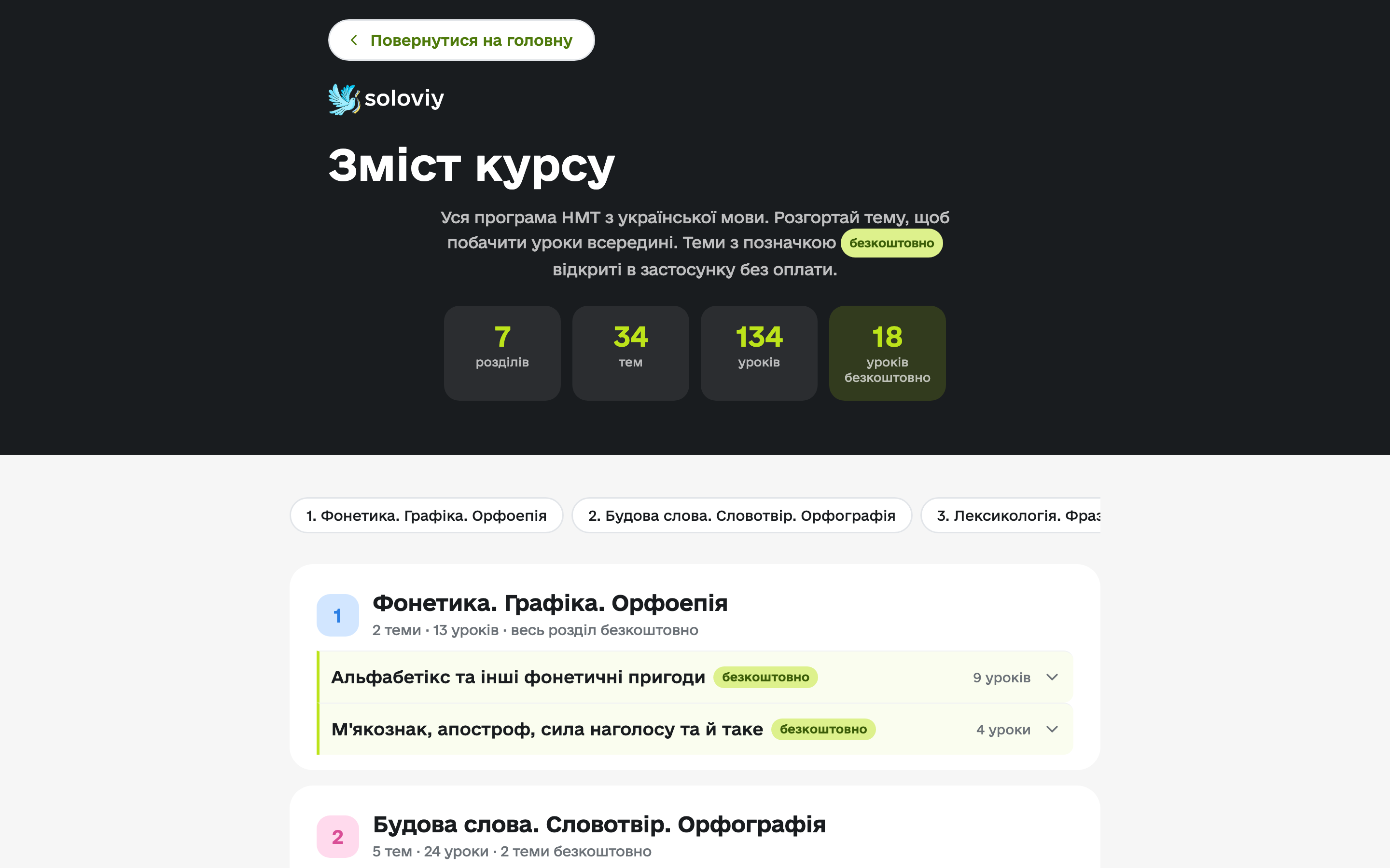 Сторінка зі змістом курсу: блоки, теми й уроки